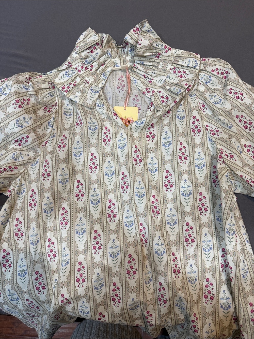 entro Cream Floral Stripe Ruffle-Neck Blouse with Pink & Blue Accents